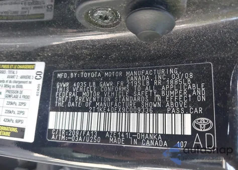 2009 Toyota Matrix S z USA, uszkodzony, nr VIN 2T1KE40EX9C009336